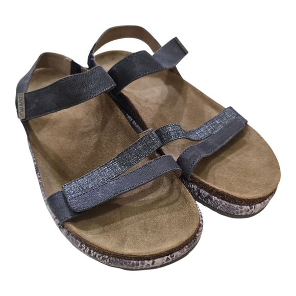 Aetrex Bethany Comfort Sandals Adjustable Straps 10 Navy Snake Leather Cork - Picture 1 of 8